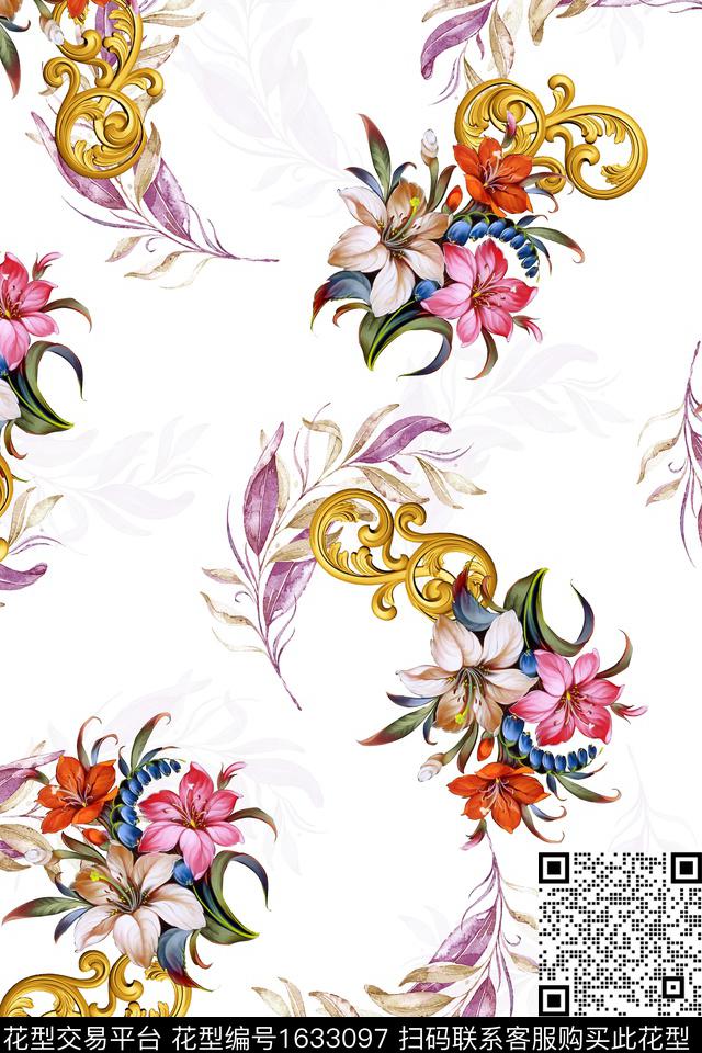 年轻女装白底花花卉数码印花花型下载（图片编号: 1633097） - 瓦栏（Walan）