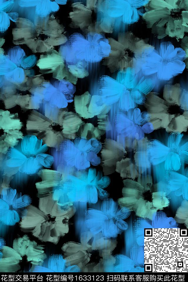 黑底花卉花卉朦胧花卉数码印花花型下载（图片编号: 1633123） - 瓦栏（Walan）
