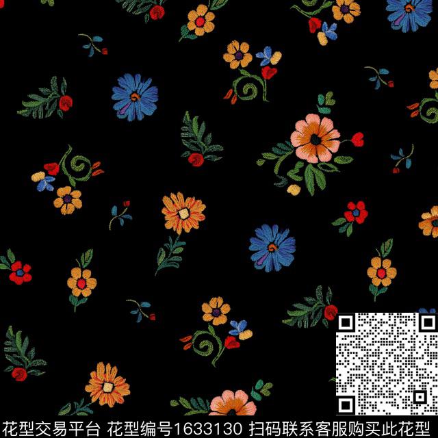 黑底花卉刺绣小碎花数码印花花型下载（图片编号: 1633130） - 瓦栏（Walan）