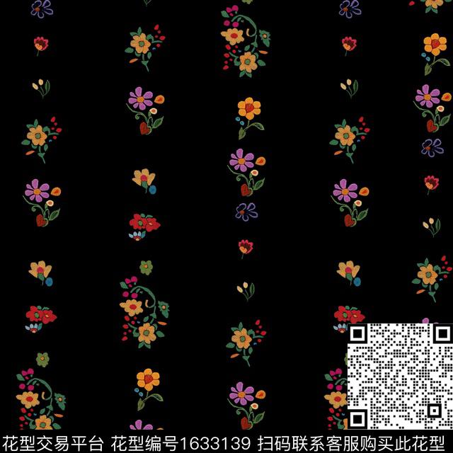 黑底花卉小碎花条纹数码印花花型下载（图片编号: 1633139） - 瓦栏（Walan）