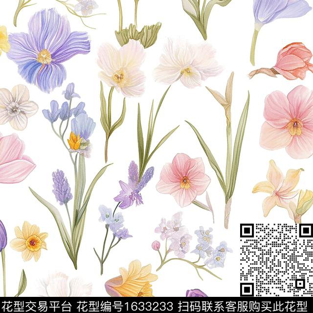 小清新水彩花卉花卉数码印花花型下载（图片编号: 1633233） - 瓦栏（Walan）