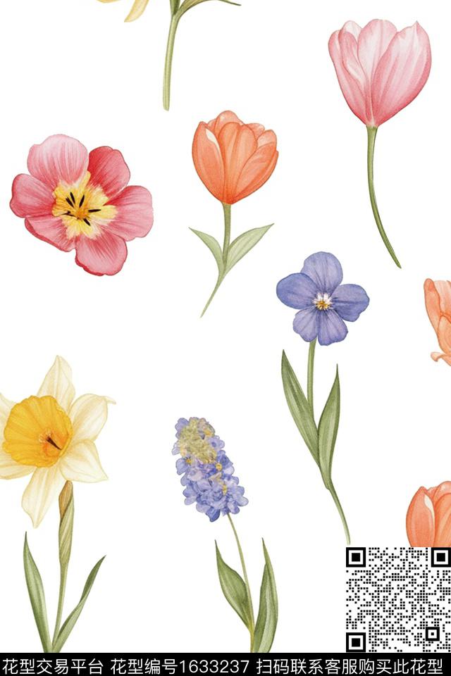 小清新白底花花卉数码印花花型下载（图片编号: 1633237） - 瓦栏（Walan）