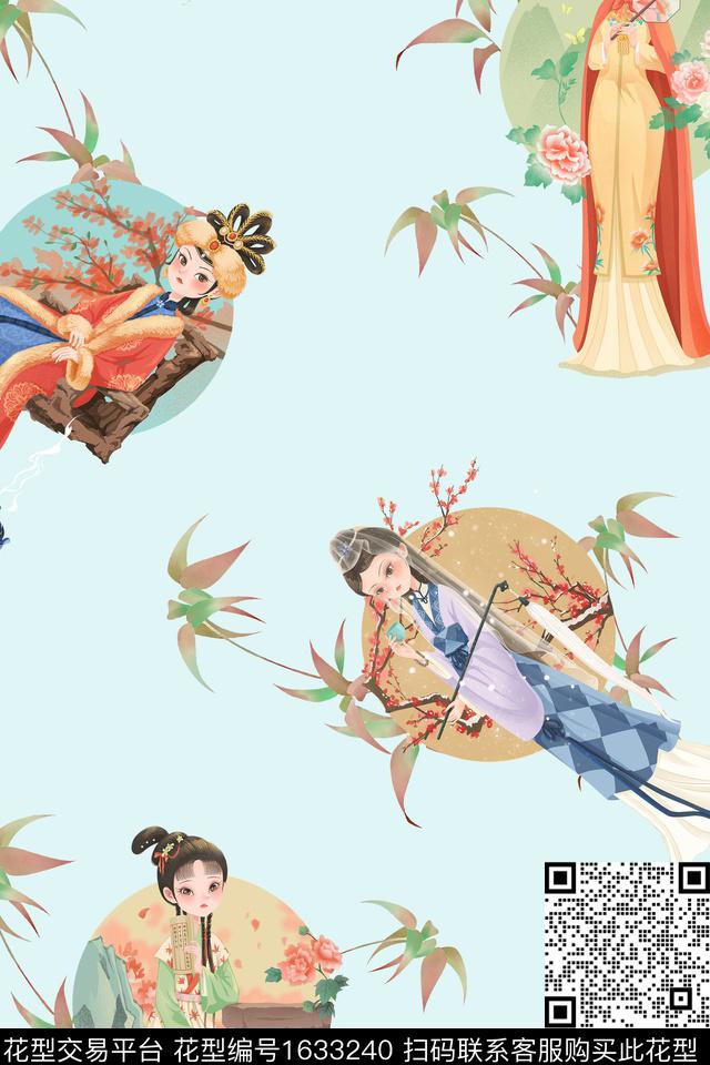 中国风人物跳接数码印花花型下载（图片编号: 1633240） - 瓦栏（Walan）