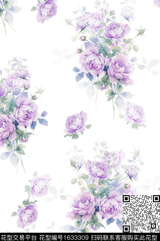 水彩花卉白底花花卉数码印花花型下载（图片编号: 1633309） - 瓦栏（Walan）