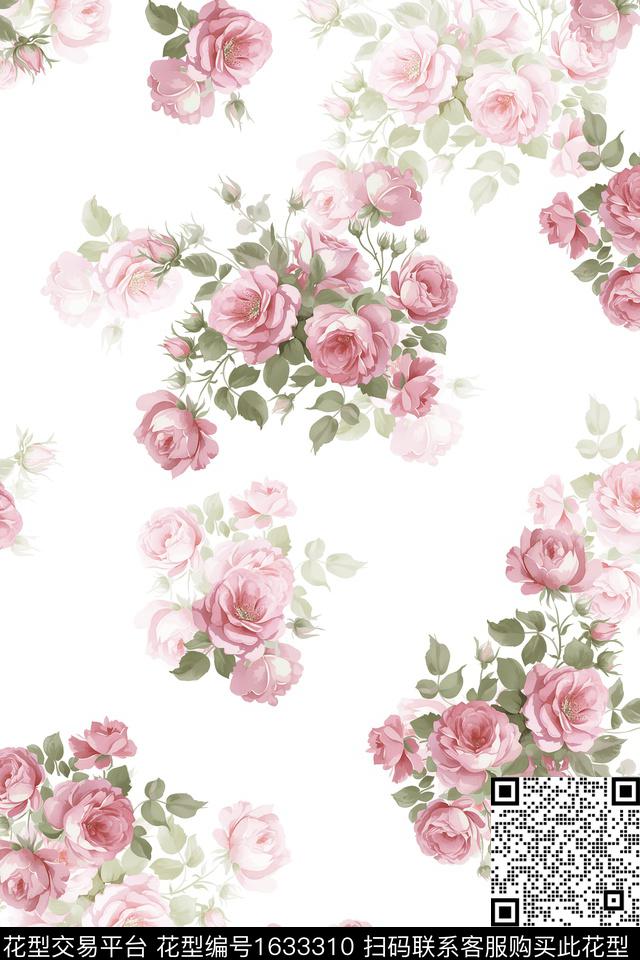 影花白底花花卉数码印花花型下载（图片编号: 1633310） - 瓦栏（Walan）