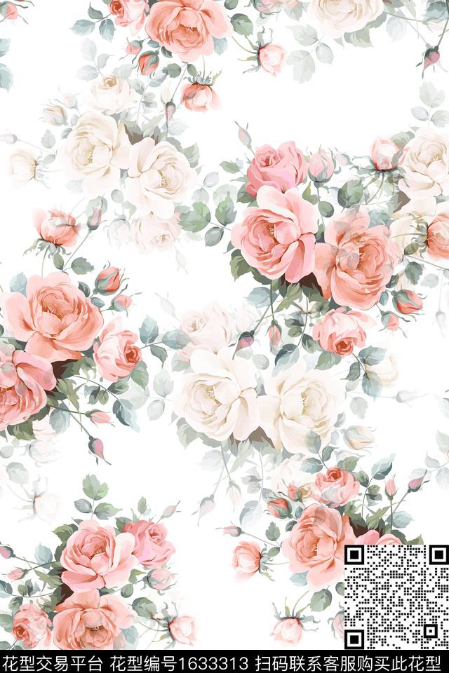 影花白底花花卉数码印花花型下载（图片编号: 1633313） - 瓦栏（Walan）