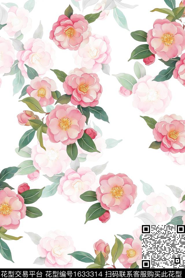 小清新水彩花卉影花数码印花花型下载（图片编号: 1633314） - 瓦栏（Walan）