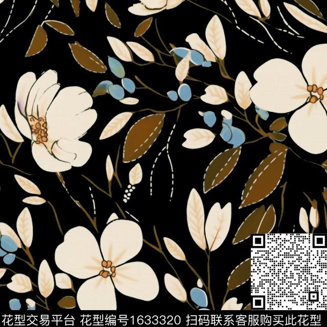 花卉黑底花卉满版散花数码印花花型下载（图片编号: 1633320） - 瓦栏（Walan）
