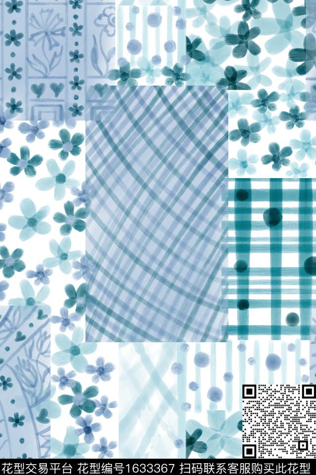清爽底花卉花卉混合拼接数码印花花型下载（图片编号: 1633367） - 瓦栏（Walan）