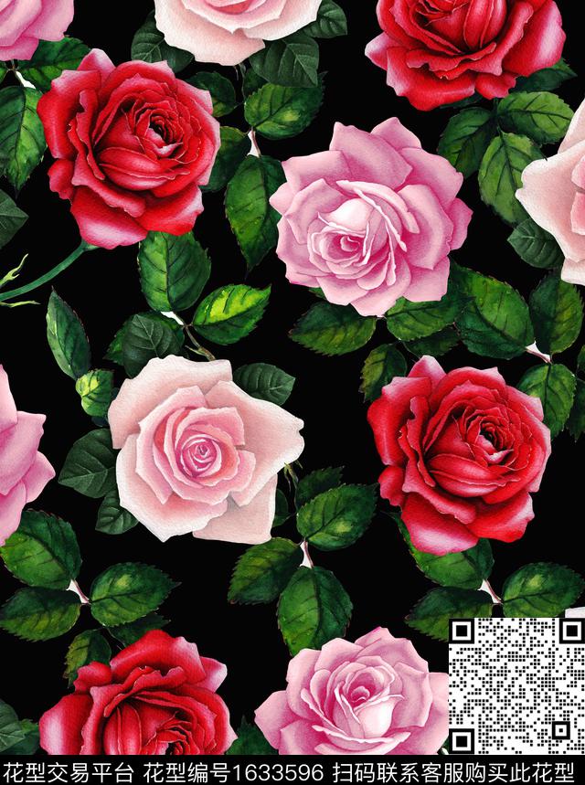 花卉玫瑰花黑底花卉数码印花花型下载（图片编号: 1633596） - 瓦栏（Walan）