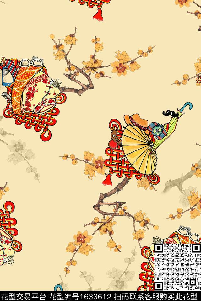 中国风中国结雨伞数码印花花型下载（图片编号: 1633612） - 瓦栏（Walan）