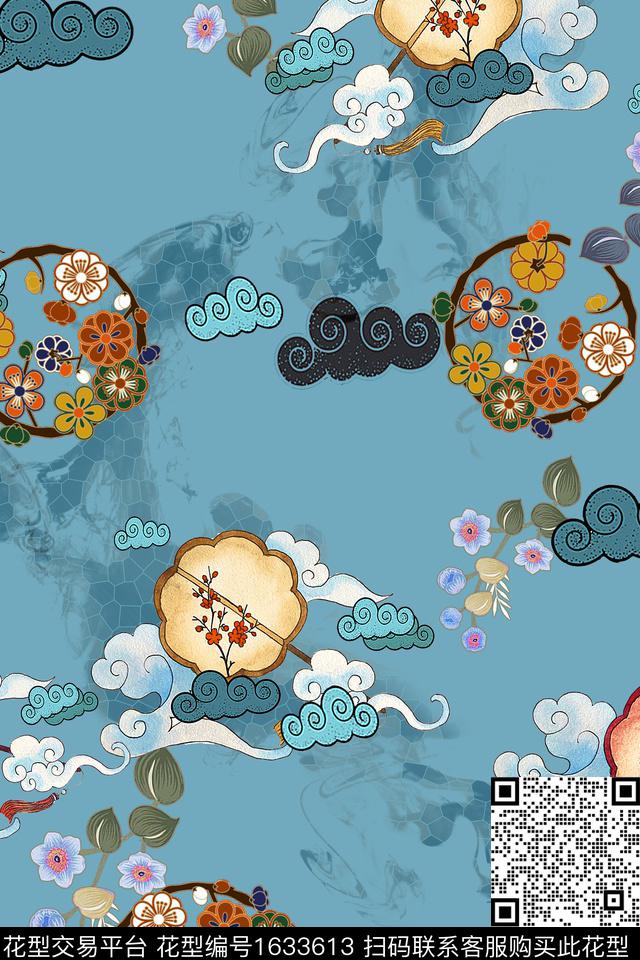 中国风团扇祥云数码印花花型下载（图片编号: 1633613） - 瓦栏（Walan）