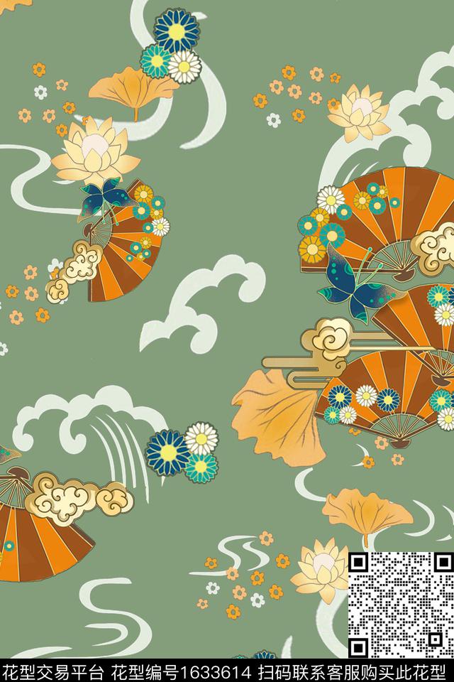 中国风扇子跳接数码印花花型下载（图片编号: 1633614） - 瓦栏（Walan）