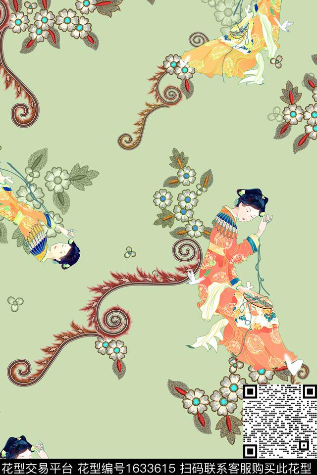 中国风人物卷草数码印花花型下载（图片编号: 1633615） - 瓦栏（Walan）