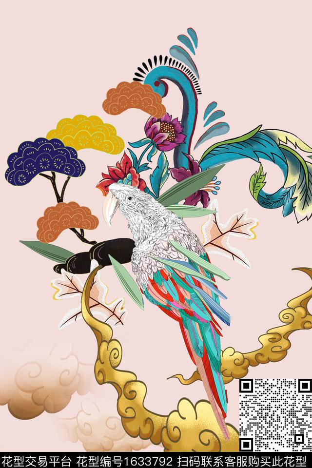 鸟定位花卉数码印花花型下载（图片编号: 1633792） - 瓦栏（Walan）