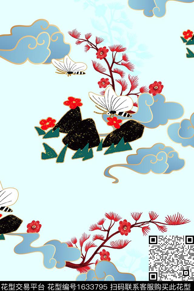 中国风祥云蝴蝶数码印花花型下载（图片编号: 1633795） - 瓦栏（Walan）