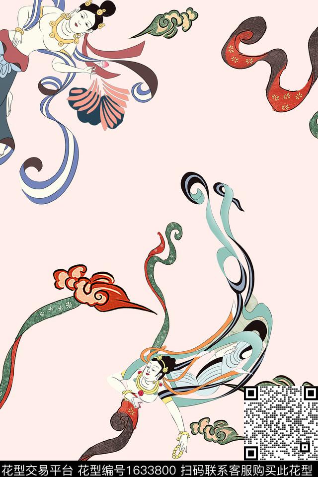 中国风缎带人物数码印花花型下载（图片编号: 1633800） - 瓦栏（Walan）