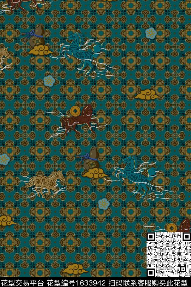 马中国风抽象数码印花花型下载（图片编号: 1633942） - 瓦栏（Walan）