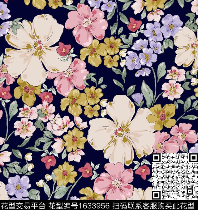 花卉满版散花描边数码印花花型下载（图片编号: 1633956） - 瓦栏（Walan）