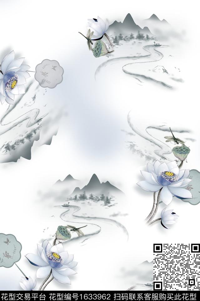 中国风水彩荷花数码印花花型下载（图片编号: 1633962） - 瓦栏（Walan）