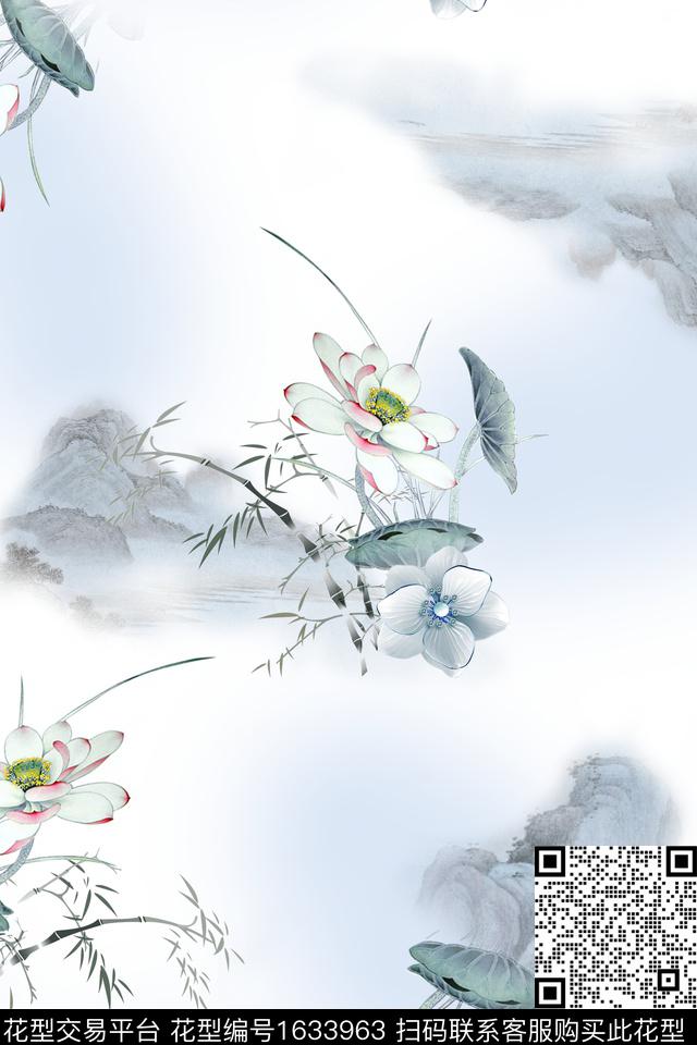 中国风水彩荷花数码印花花型下载（图片编号: 1633963） - 瓦栏（Walan）