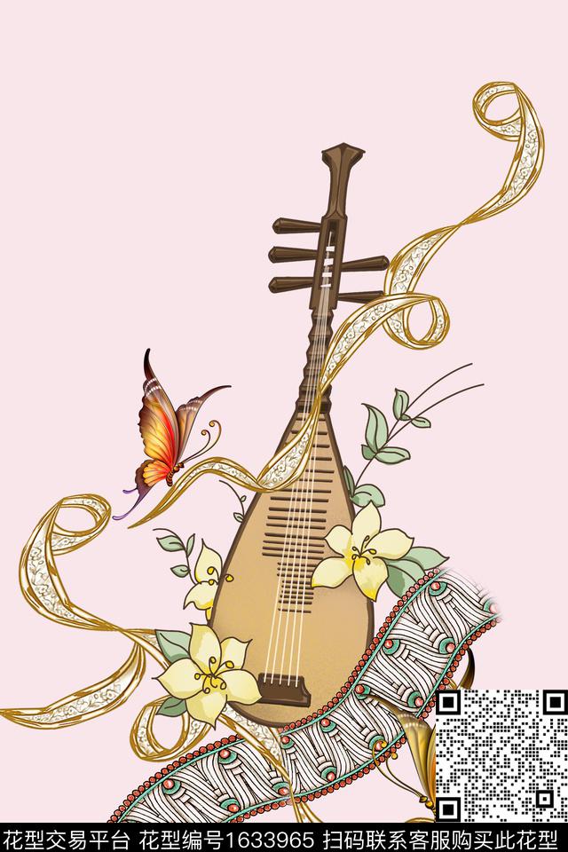 定位琵琶蝴蝶数码印花花型下载（图片编号: 1633965） - 瓦栏（Walan）