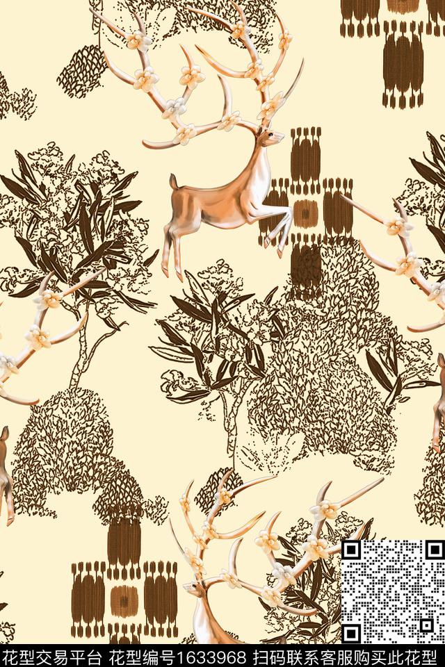 鹿树跳接数码印花花型下载（图片编号: 1633968） - 瓦栏（Walan）