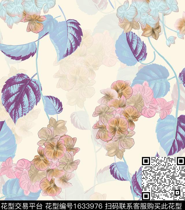 花卉叶子影花数码印花花型下载（图片编号: 1633976） - 瓦栏（Walan）