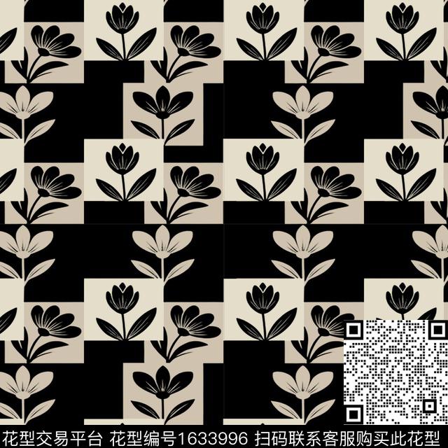黑白几何花卉数码印花花型下载（图片编号: 1633996） - 瓦栏（Walan）