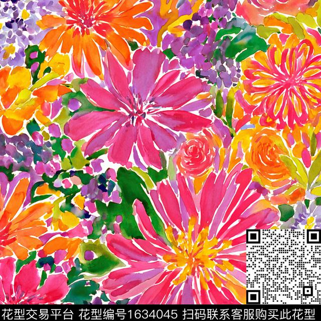 花卉水彩花卉抽象花卉数码印花花型下载（图片编号: 1634045） - 瓦栏（Walan）