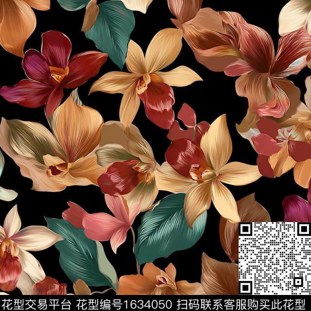 花卉抽象花卉黑底花卉数码印花花型下载（图片编号: 1634050） - 瓦栏（Walan）
