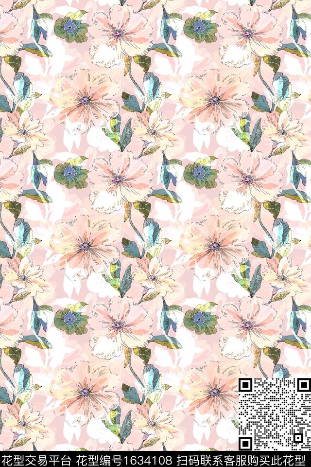 年轻女性花卉水彩花卉数码印花花型下载（图片编号: 1634108） - 瓦栏（Walan）