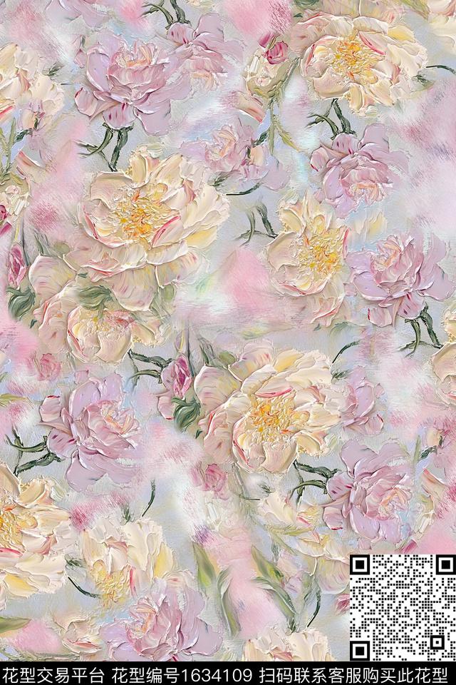 花卉油画花型肌理数码印花花型下载（图片编号: 1634109） - 瓦栏（Walan）