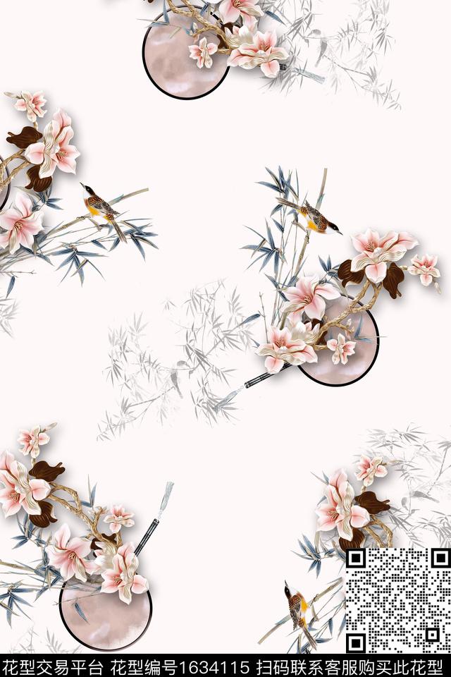中国风团扇跳接数码印花花型下载（图片编号: 1634115） - 瓦栏（Walan）