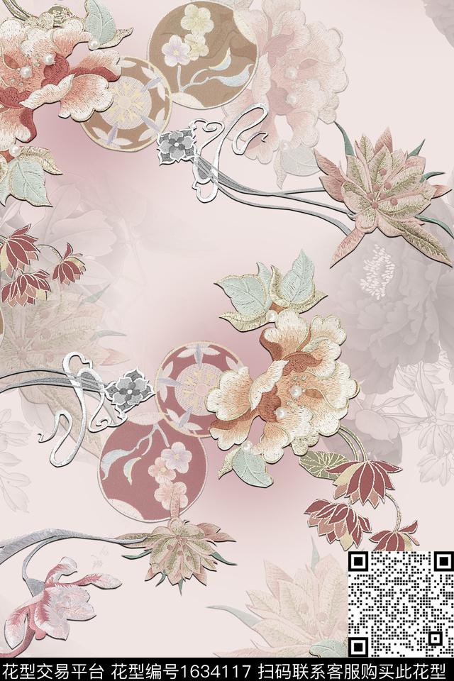 中国风花卉仿刺绣数码印花花型下载（图片编号: 1634117） - 瓦栏（Walan）