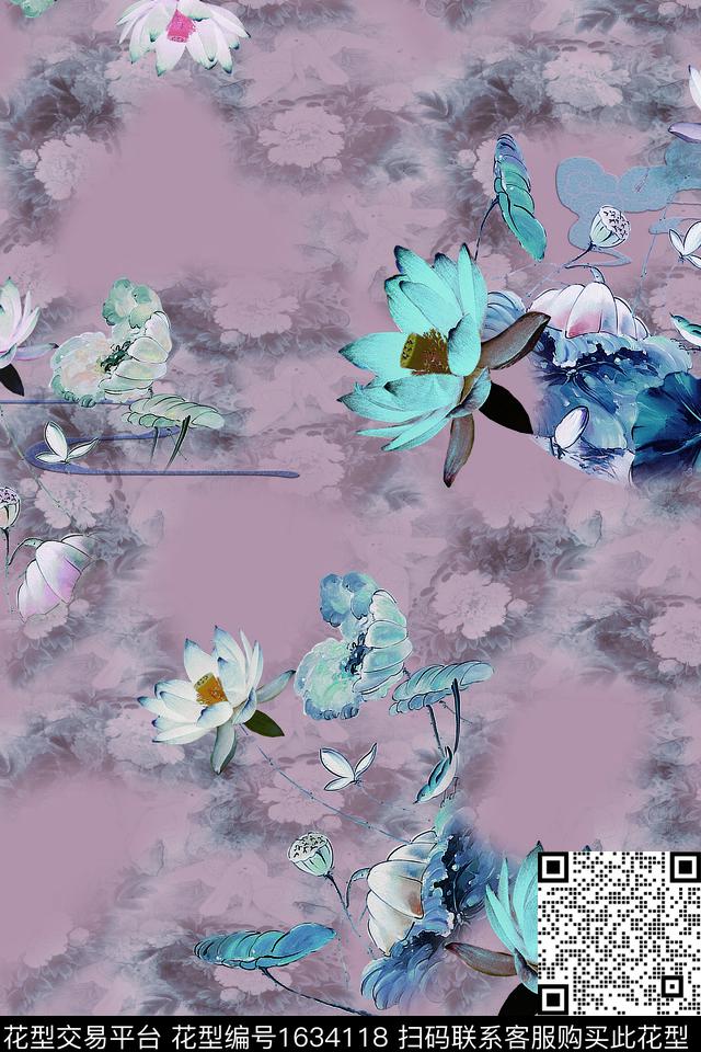 花卉中老年荷花数码印花花型下载（图片编号: 1634118） - 瓦栏（Walan）