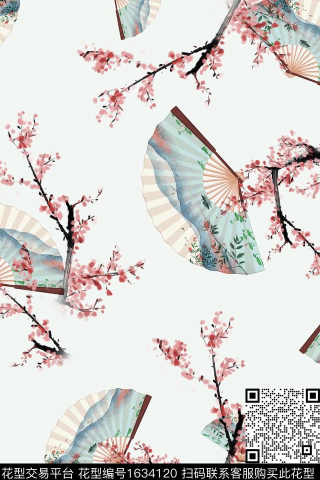 扇子跳接中国风数码印花花型下载（图片编号: 1634120） - 瓦栏（Walan）