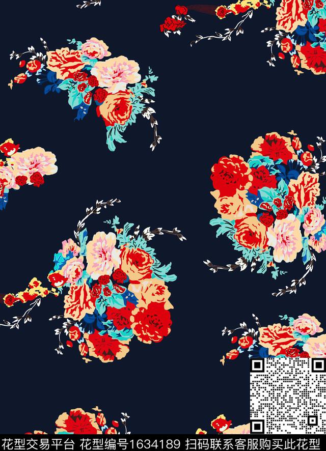 簇状花束深蓝底纹花卉传统印花花型下载（图片编号: 1634189） - 瓦栏（Walan）