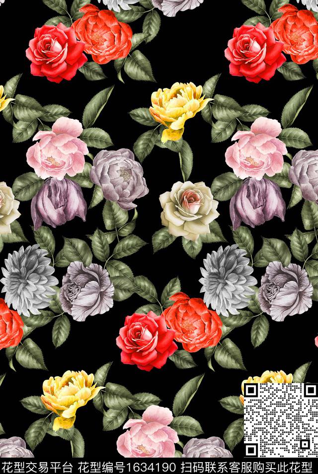 花卉水彩花卉月季花数码印花花型下载（图片编号: 1634190） - 瓦栏（Walan）
