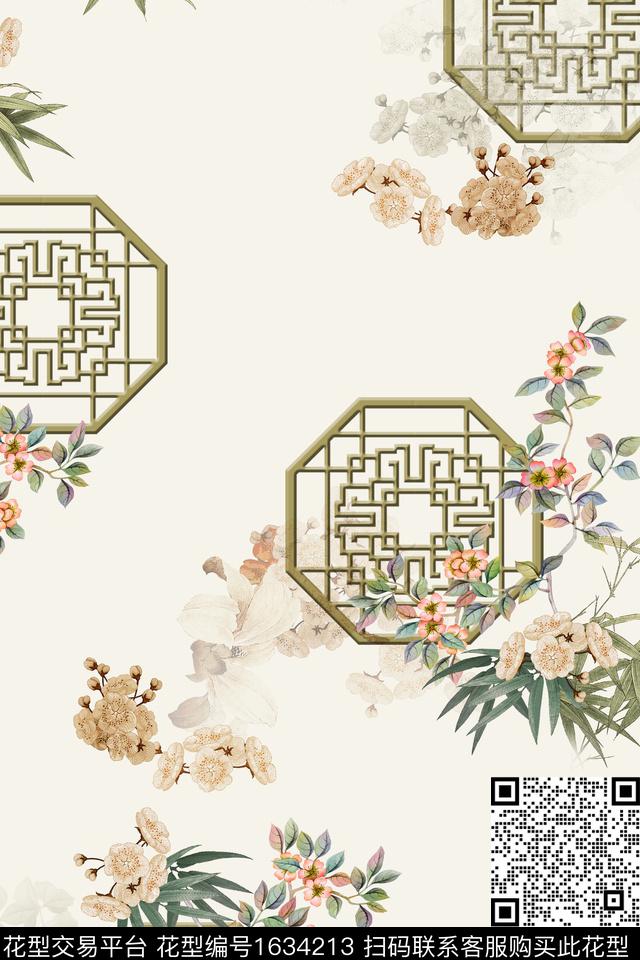 中国风花卉窗花数码印花花型下载（图片编号: 1634213） - 瓦栏（Walan）