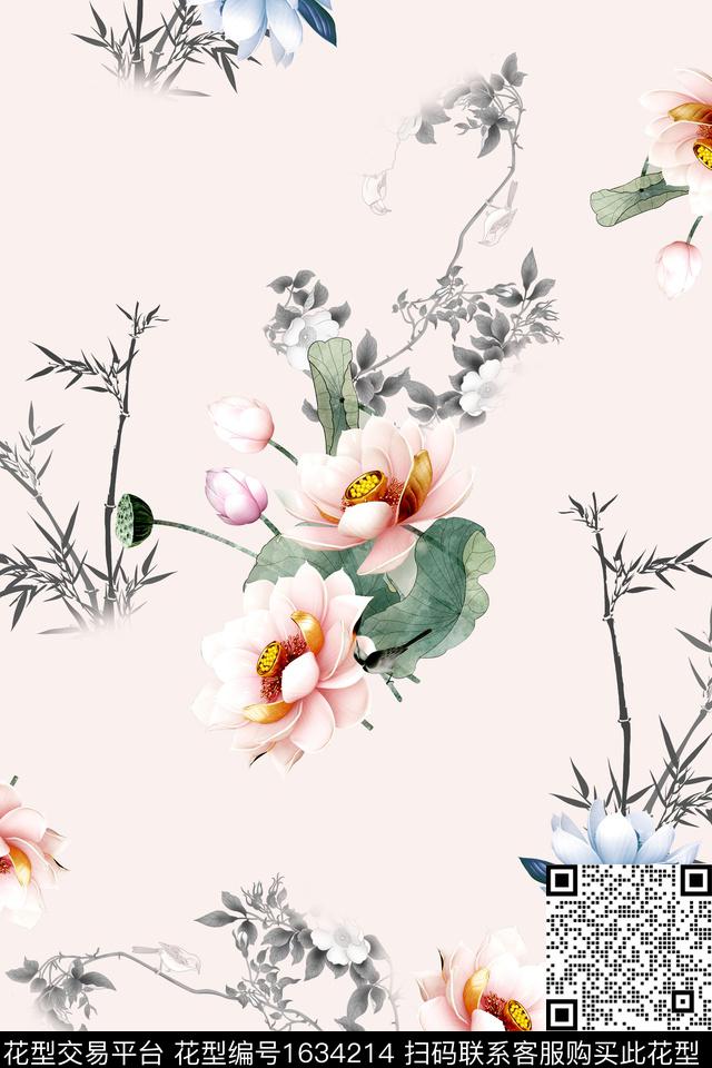 中国风花卉荷花数码印花花型下载（图片编号: 1634214） - 瓦栏（Walan）