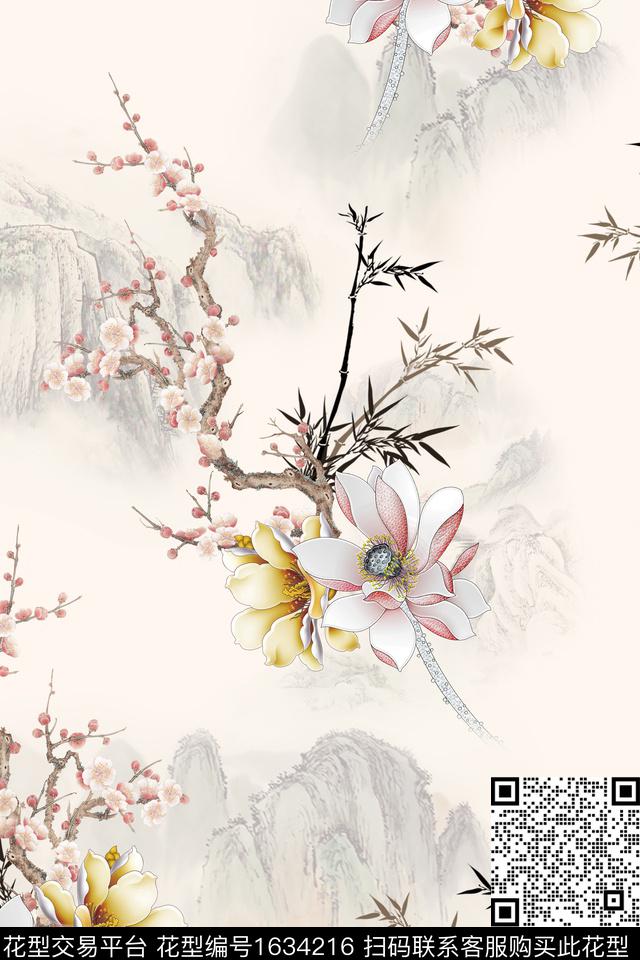 花卉中国风山水数码印花花型下载（图片编号: 1634216） - 瓦栏（Walan）
