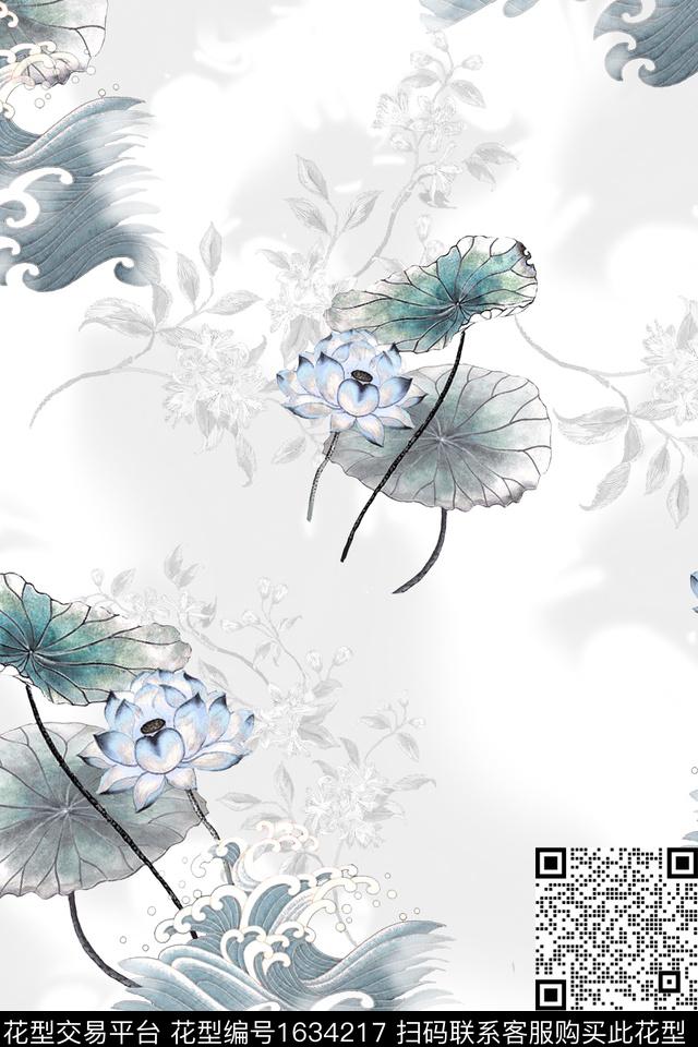 中国风荷花跳接数码印花花型下载（图片编号: 1634217） - 瓦栏（Walan）