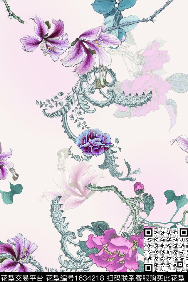 花卉跳接影花数码印花花型下载（图片编号: 1634218） - 瓦栏（Walan）