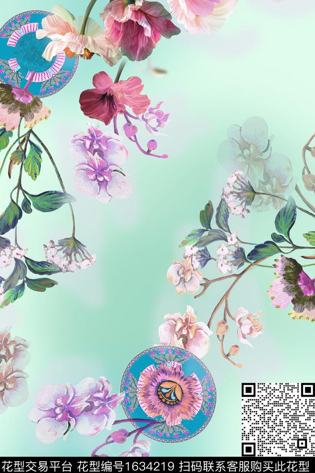 花卉跳接民族纹样数码印花花型下载（图片编号: 1634219） - 瓦栏（Walan）