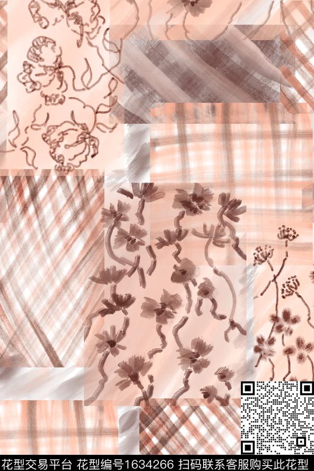 剪影花卉混合拼接数码印花花型下载（图片编号: 1634266） - 瓦栏（Walan）