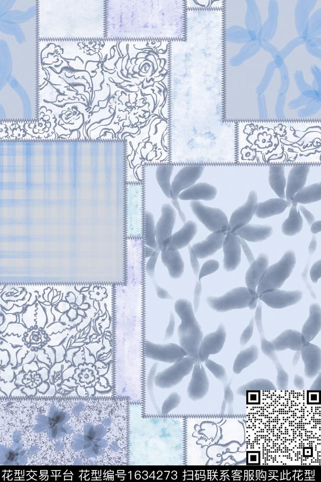 剪影花卉混合拼接数码印花花型下载（图片编号: 1634273） - 瓦栏（Walan）