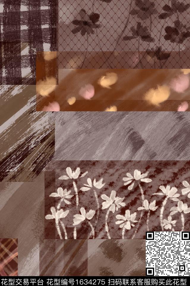 剪影花卉混合拼接数码印花花型下载（图片编号: 1634275） - 瓦栏（Walan）
