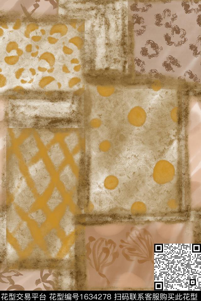 花卉混合拼接复古数码印花花型下载（图片编号: 1634278） - 瓦栏（Walan）