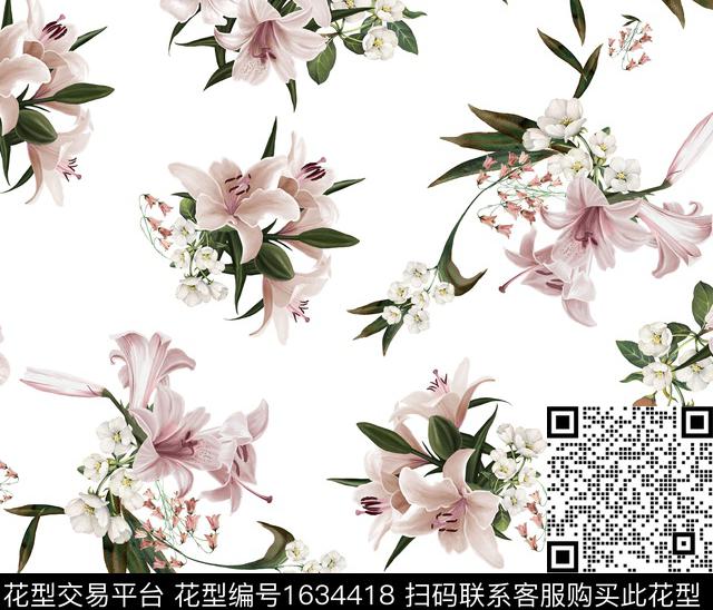 百合花卉白底花数码印花花型下载（图片编号: 1634418） - 瓦栏（Walan）